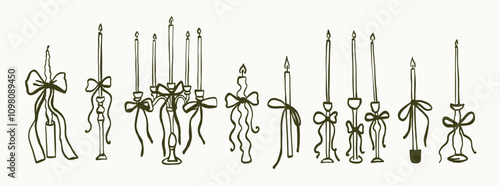 Set of hand drawn coquette candles. Line art doodle sketch of candle with bow. Christmas, birthday, wedding candle line art. Vector outline illustration