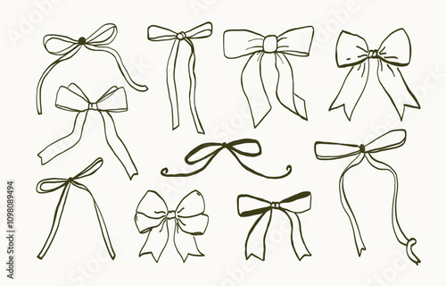 Set of hand drawn bows. Vintage line art ribbon gift. Cute coquette wedding trendy bow sketch. Vector outline illustration