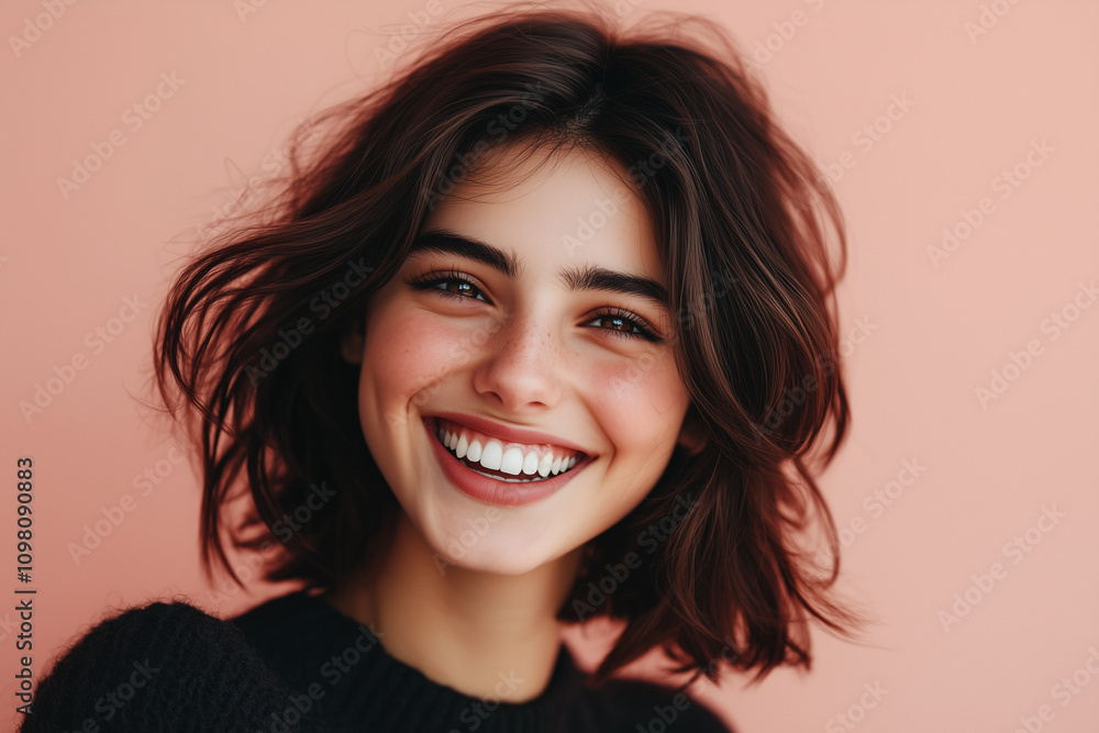Naklejka premium Young Female Smiling Portrait on a Plain Background