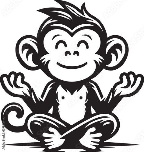 Cartoon Monkey in a Meditative Pose. A cheerful, cartoon monkey sits in a relaxed, meditative yoga pose.