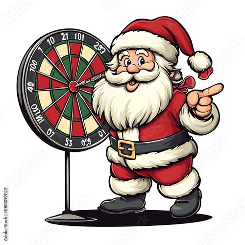 Cartoon Santa Playing Darts with a Holiday-Themed Dartboard