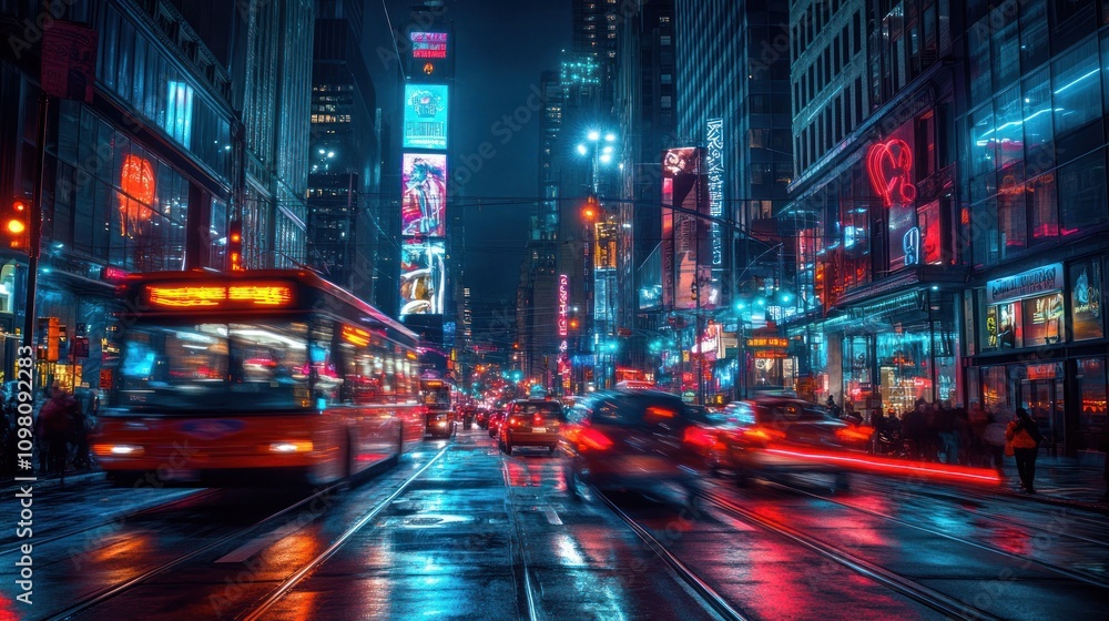 Obraz premium Vibrant city street at night.