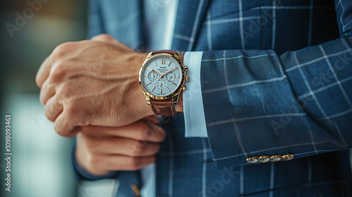 A refined gentleman checks the time on his elegant watch while dressed in a stylish navy blue suit at a sophisticated event