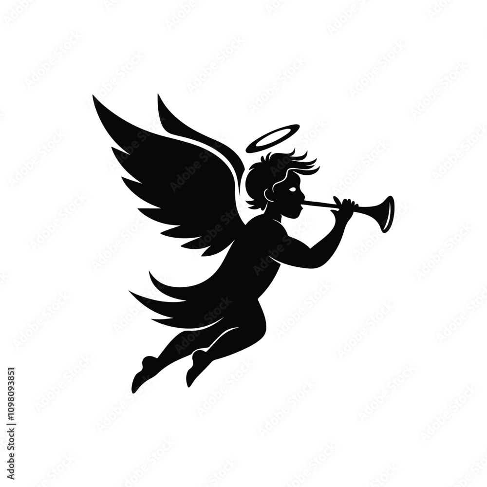 Obraz premium Angel flying upward playing a trumpet symbolizing joy and peace ideal for creative holiday and religious designs