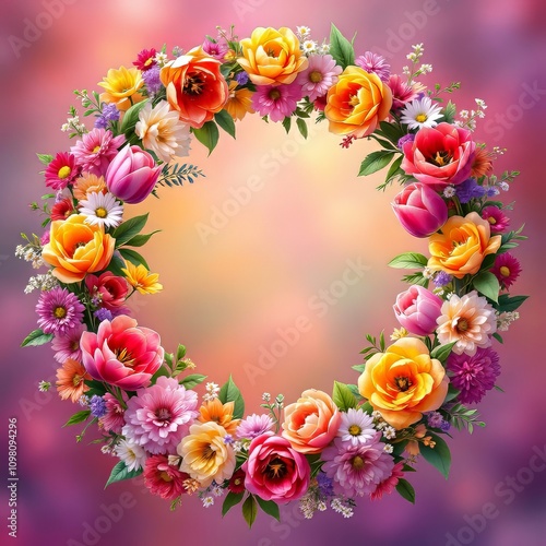 Floral wreath, botanical art, double exposure tulips, spring.