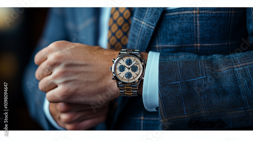 A refined gentleman checks the time on his elegant watch while dressed in a stylish navy blue suit at a sophisticated event