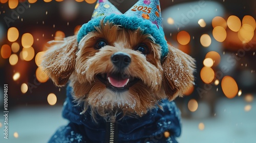 Cute dogs celeberate 2025 Happy New Year ,Animal Party ,wear party hats, with 