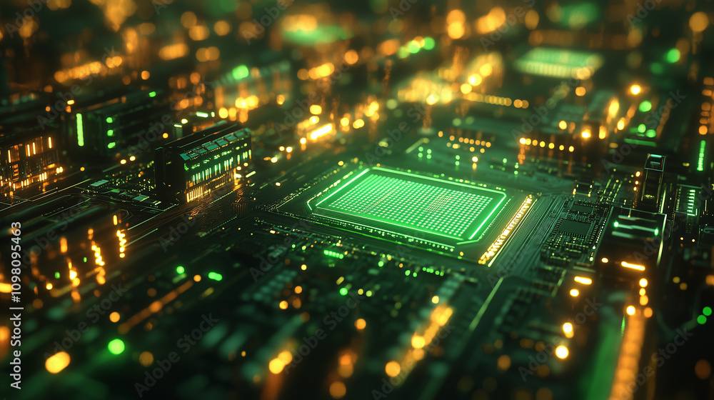 Obraz premium Exploring the intricate details of a green-lit circuit board filled with glowing connections and microcomponents in a tech environment