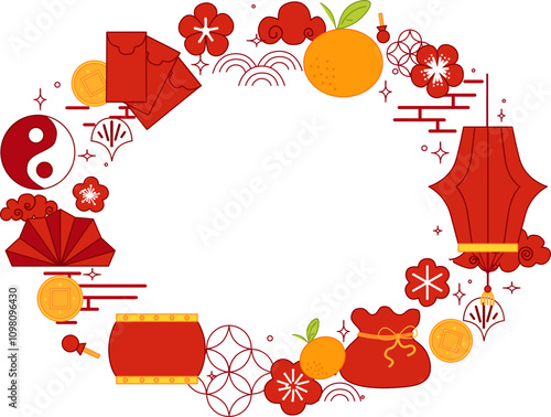 Chinese graphic illustration with cute red lanterns, plum blossoms, mandarin, gold coin and red envelope. Vector oval frame on transparent background