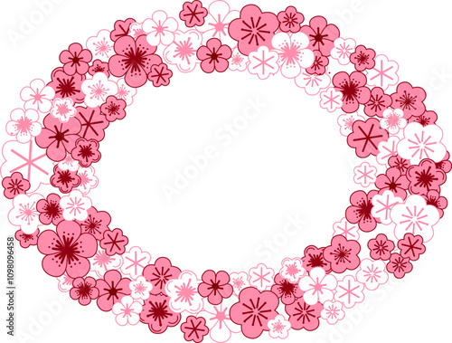 Oval floral vector design frame. Pink blossom sakura vector graphic template. Wedding card on white. All elements are isolated and editable.
