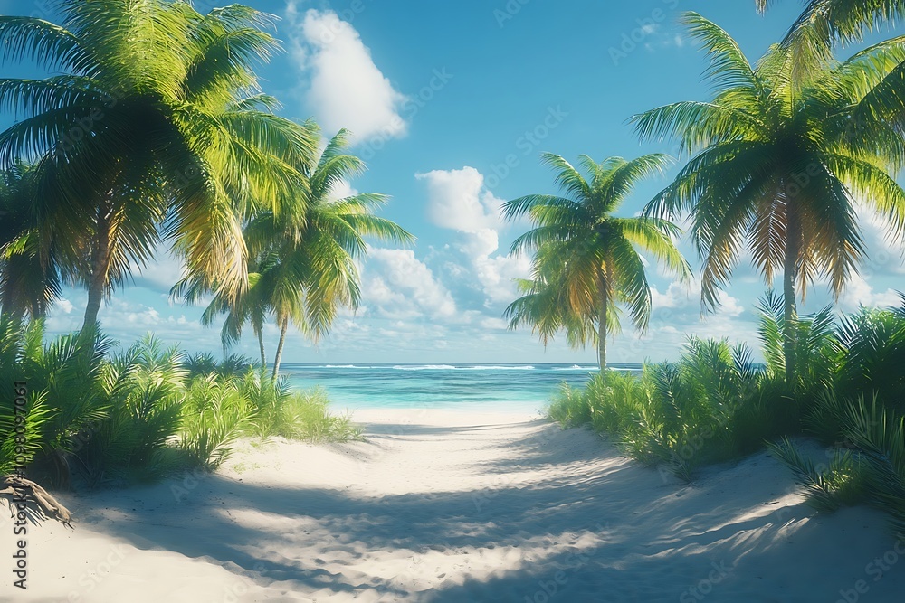 Fototapeta premium Tranquil Beach Escape Azure Waters, Sandy Path