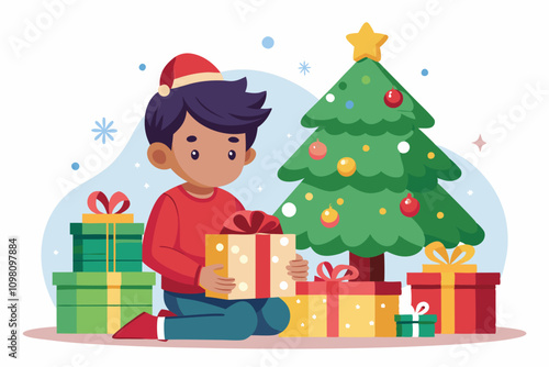 A kid opening Christmas presents under the tree vector art illustration design on a white background