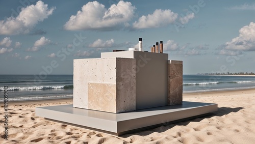 A creatively arranged stack of concrete blocks on a sandy beach, merging industrial design with nature in a serene coastal setting, embodying style and innovation. photo