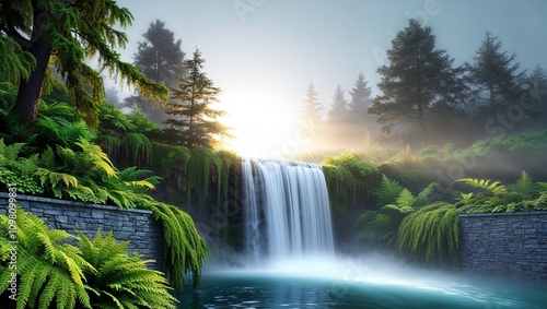 A picturesque waterfall cascades elegantly in a verdant landscape, surrounded by lush greenery and gentle sun rays, creating a paradise-like setting filled with peace. photo