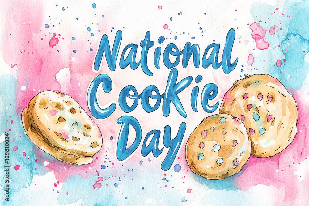 Φωτογραφία Watercolor illustration of cookies with colorful sprinkles and text for National Cookie Day on a vibrant background