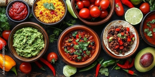 Delicious Mexican Food Platter with Tacos, Guacamole, Rice