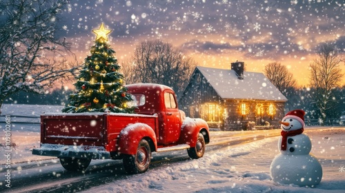 Red truck carrying Christmas tree on snowy road at sunset, snowman beside.