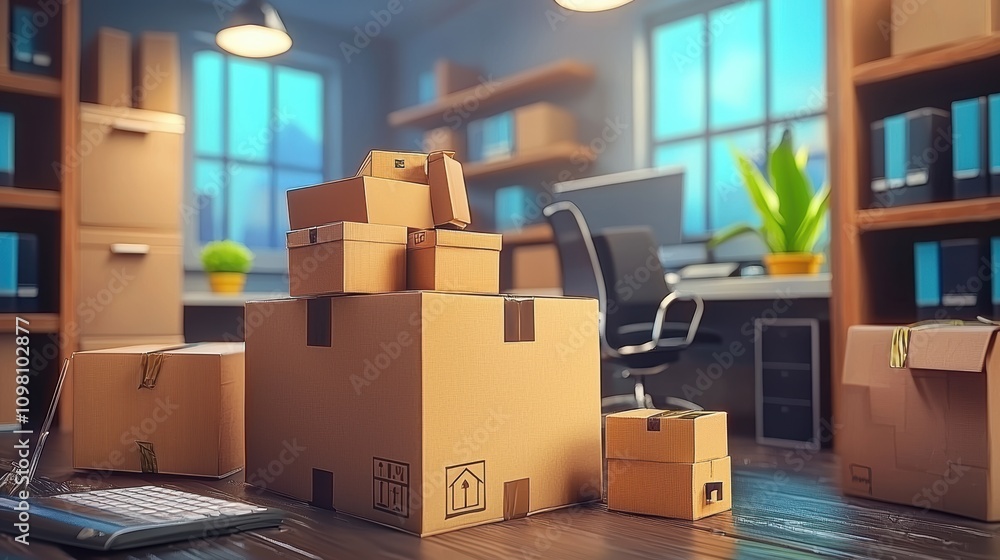 Naklejka premium Cozy Office Space with Stacked Cardboard Boxes and Green Plant