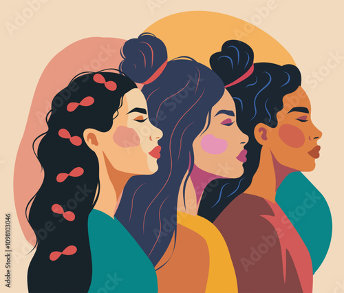 Women's day. Feminism. Trendy flat illustration strong women stand together. Vector banner flat style. Women empowerment. Gender equality