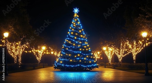 A large Christmas tree with blue lights stands in the middle of an outdoor park at night.