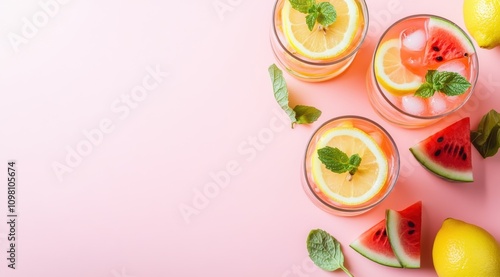 emonade with lemon and watermelon, sumer, fresh concept, pink background photo