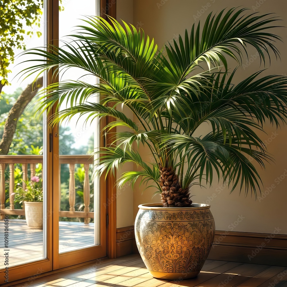 Fototapeta premium Realistic palm tree, window garden, charming 3D art.