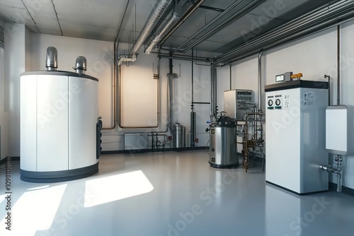 A photograph of an indoor heating system with multiple large white gas boiler units