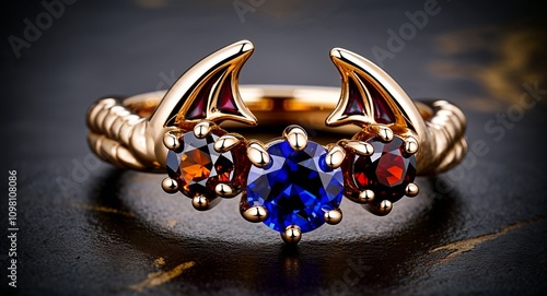 Sapphire and garnet fiery dragon themed ring with claw like prongs and fiery colors  photo