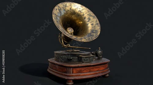 Antique Brass Gramophone Horn Player on Wooden Base photo