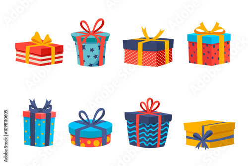 Gift box icon. Gifts and presents for holiday celebration and special sales offer. birthday celebration, special give away pack Isolated birthday or anniversary box with wrapping paper and ribbon bow.