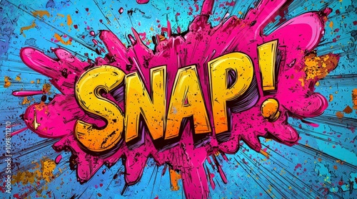 A striking image of 'SNAP!' text against a dynamic splash of bright pink and blue hues, portraying vibrant comic-book artistry in an energetic design. photo