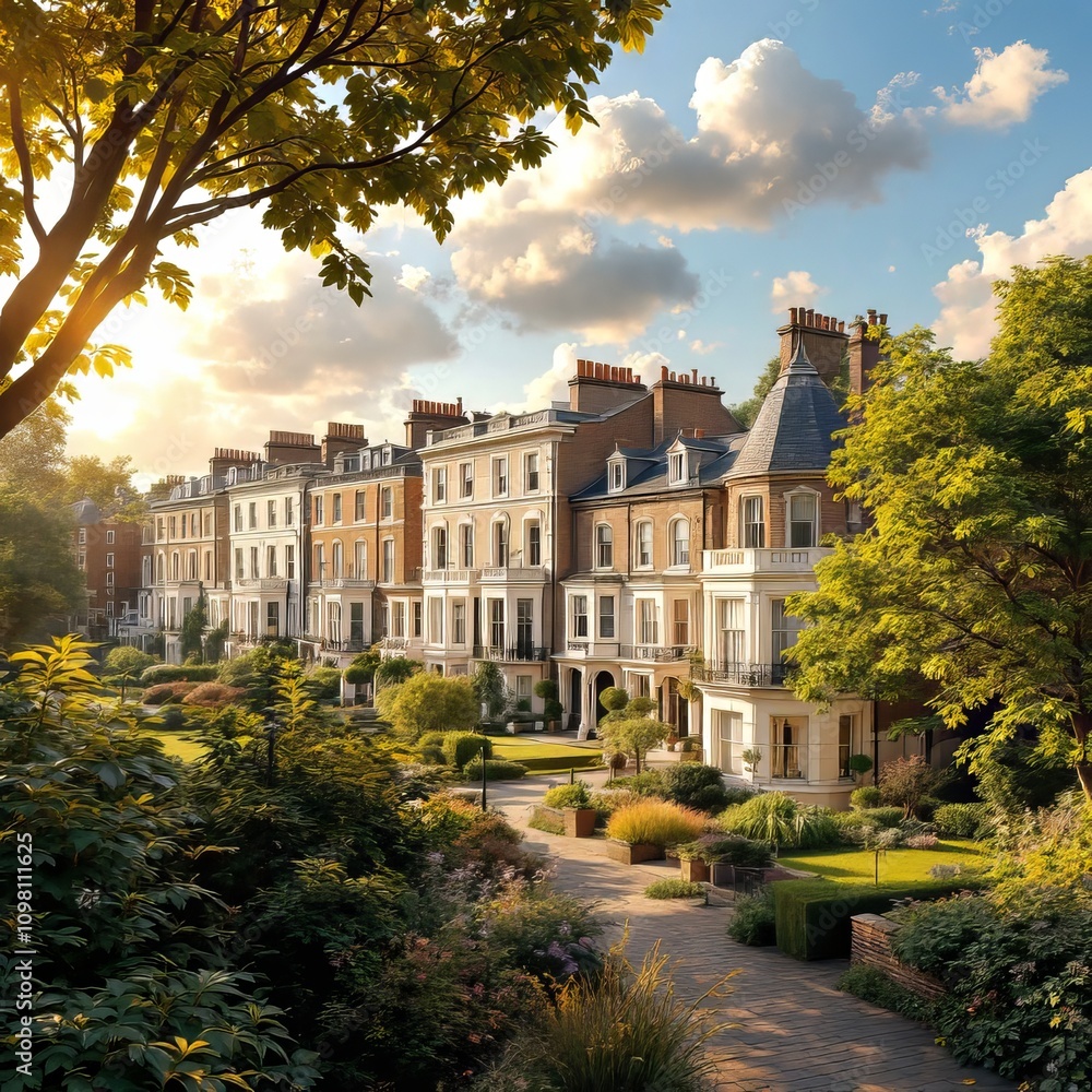 Fototapeta premium Sunny Muswell Hill: panoramic brick house vista.
