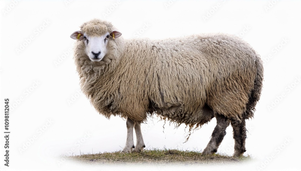 Obraz premium fluffy wooly sheep standing on white background with copious wool
