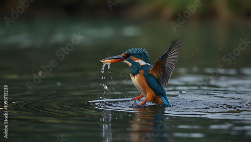 A photo of a female kingfisher emerging from the water after an unsuccessful dive to grab a fish. The kingfisher is wet and has a few fish in its beak. photo