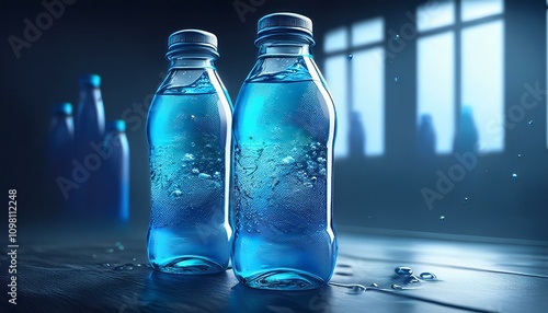 Sport and fitness drink concept, very cold refreshing isotonic blue water in bottles photo