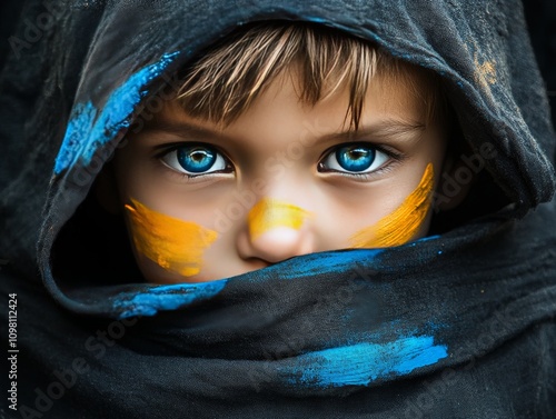 Portrait of a young child with vivid orange and blue face paint wearing a dark hood reflecting themes of mystery creativity and cultural storytelling in a modern artistic style photo