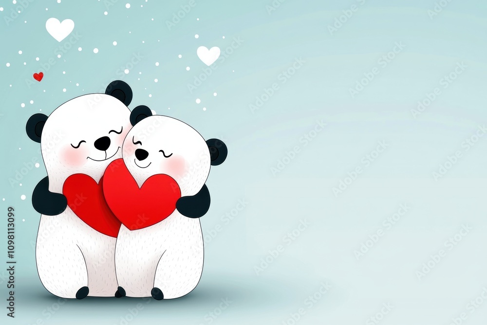 Fototapeta premium bear hug illustration, simple adorable doodle of embracing bears with hearts and love notes on a pale blue background