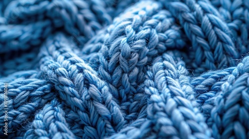  closeup macro of woolen knitted blue sweater texture.