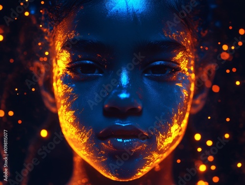 Wallpaper Mural Ethereal close up portrait of a young woman with glowing orange and blue paint swirls across her skin surrounded by glowing embers evoking warmth imagination and celestial energy Torontodigital.ca