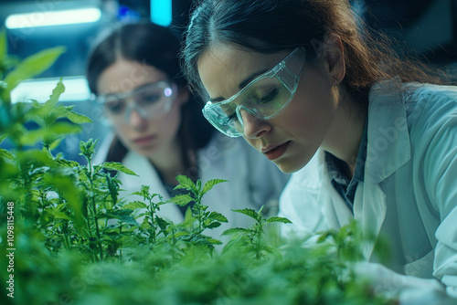 Two female lab technicians exanimating plants wearing white uniform and light blue glasses. Botanical organic plant examination photo