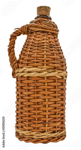 Wicker wrapped bottle on white isolated
