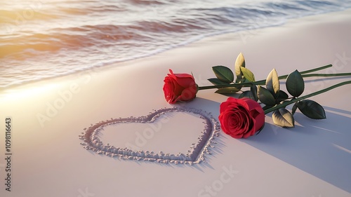 Serene Beach Sunset with Roses and Heart-Shaped Sand Imprin photo