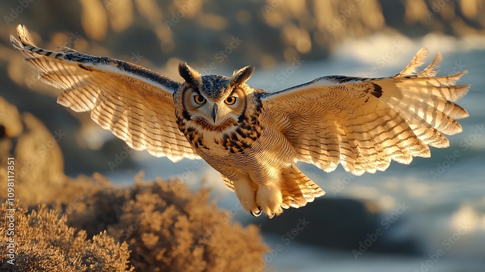 Obraz premium Against the backdrop of a golden sunset, a solitary horned owl launches itself from the edge of a secluded beach, its silhouette standing out against the vast ocean. 