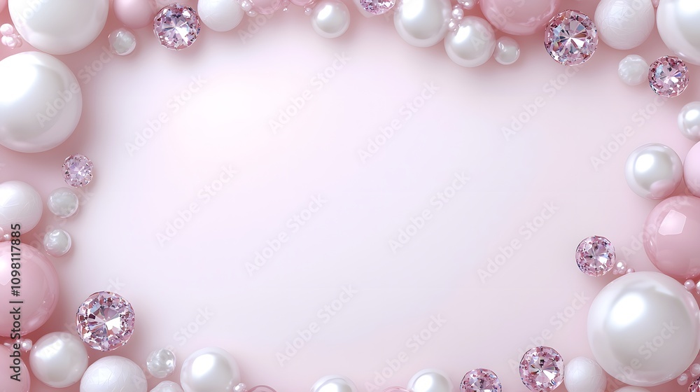Obraz premium A stunning arrangement of pearls, gems, and crystals forming a decorative frame with space for custom text.