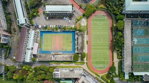 A high school building with a sports field and parking area nearby. photo