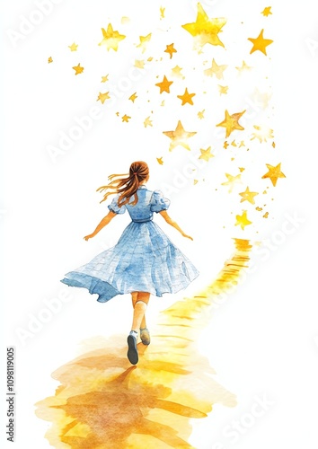 The Wizard of Oz. Girl in blue dress walking towards stars
