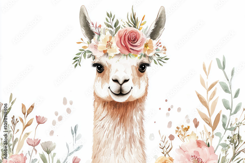 Obraz premium Llama with floral crown in watercolor style on pastel background.