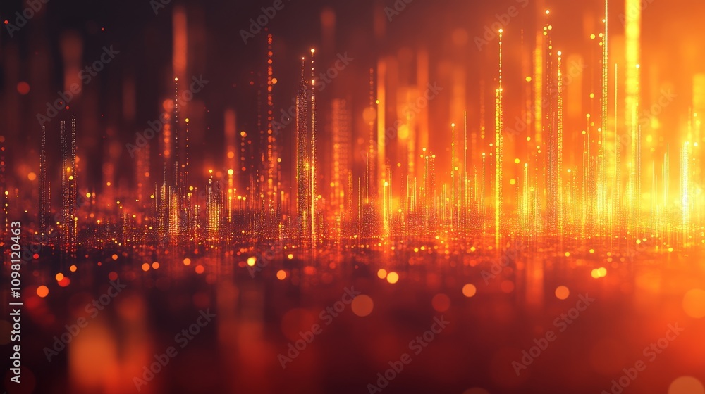 Fototapeta premium Abstract fiery cityscape at night, glowing orange and red lights.