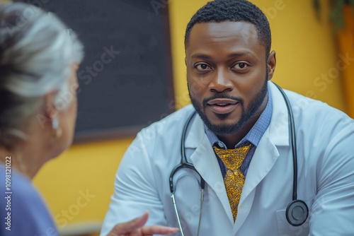 An African-American doctor in a white coat speaks kindly to his patients. His face is serious and calm, creating an atmosphere of trust and care. photo