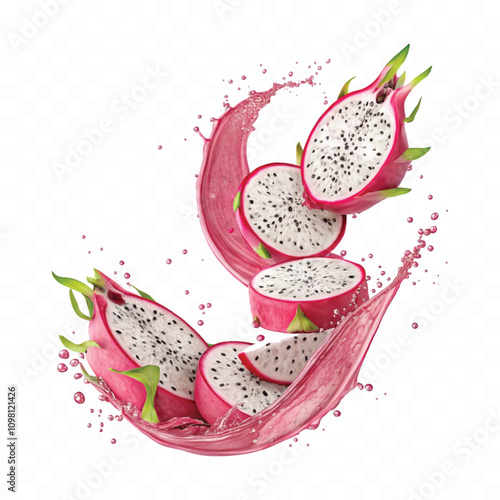 abstract 3d Sliced ripe dragon fruits  with splashes of juice in curve style on white background